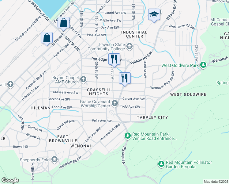 map of restaurants, bars, coffee shops, grocery stores, and more near 3712 Carver Avenue Southwest in Birmingham
