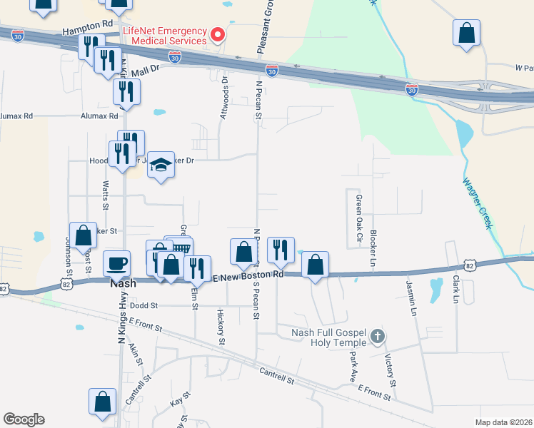 map of restaurants, bars, coffee shops, grocery stores, and more near 312 North Pecan Street in Nash