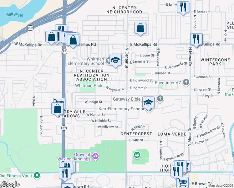 map of restaurants, bars, coffee shops, grocery stores, and more near 40 West Ivyglen Street in Mesa