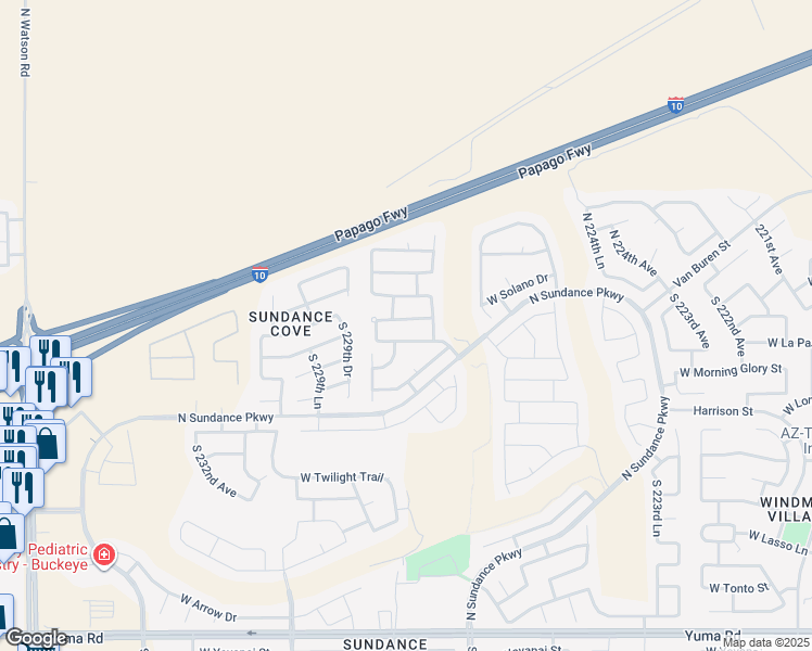 map of restaurants, bars, coffee shops, grocery stores, and more near 22832 West La Pasada Boulevard in Buckeye