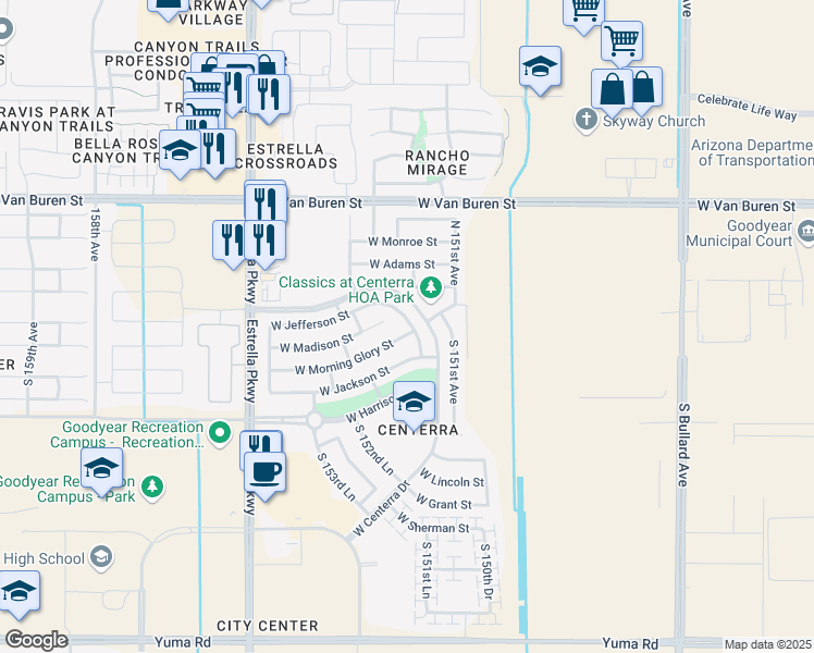 map of restaurants, bars, coffee shops, grocery stores, and more near 259 South 152nd Avenue in Goodyear
