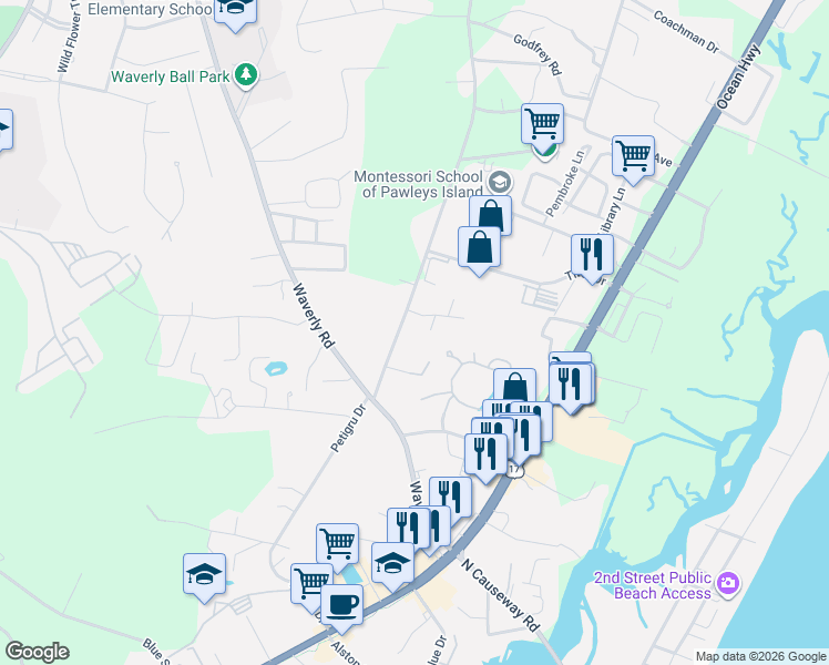 map of restaurants, bars, coffee shops, grocery stores, and more near 772 Petigru Drive in Pawleys Island