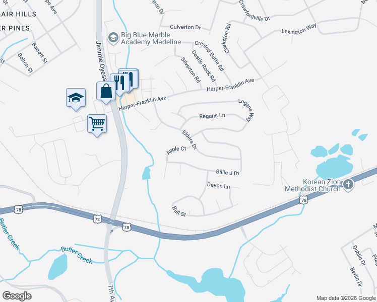 map of restaurants, bars, coffee shops, grocery stores, and more near 4804 Apple Court in Augusta