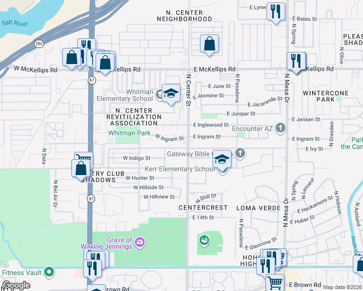 map of restaurants, bars, coffee shops, grocery stores, and more near 40 West Ivyglen Street in Mesa