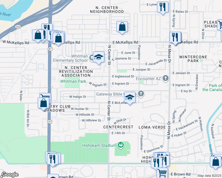 map of restaurants, bars, coffee shops, grocery stores, and more near 1647 North Center Street in Mesa