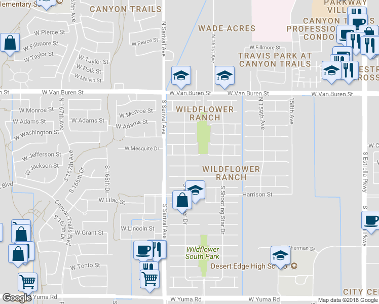 map of restaurants, bars, coffee shops, grocery stores, and more near 16190 West Jefferson Street in Goodyear