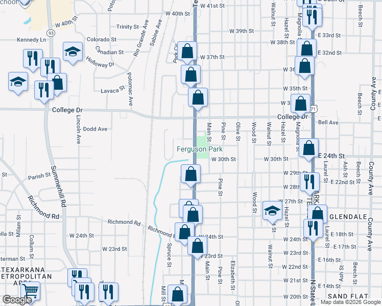 map of restaurants, bars, coffee shops, grocery stores, and more near 2916 Texas Boulevard in Texarkana