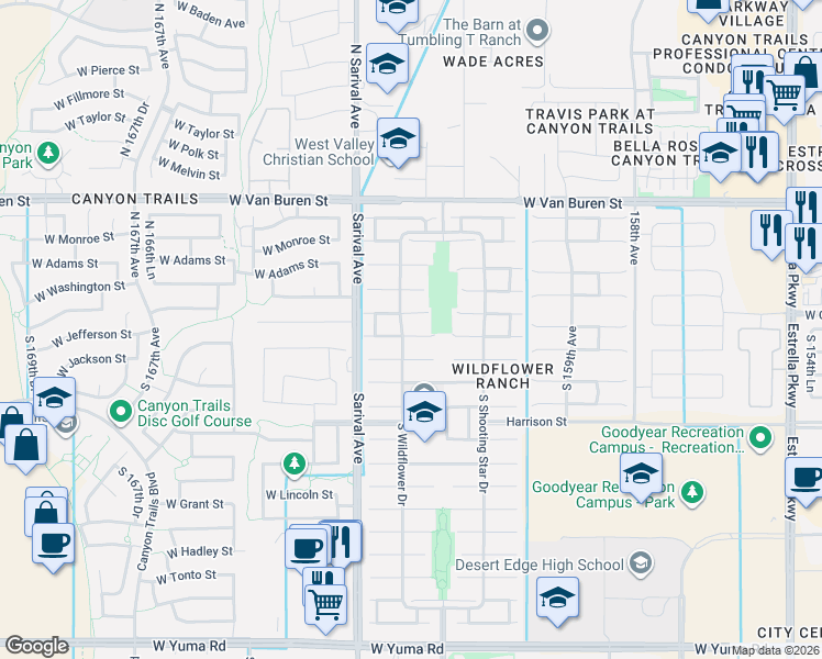 map of restaurants, bars, coffee shops, grocery stores, and more near 16190 West Jefferson Street in Goodyear
