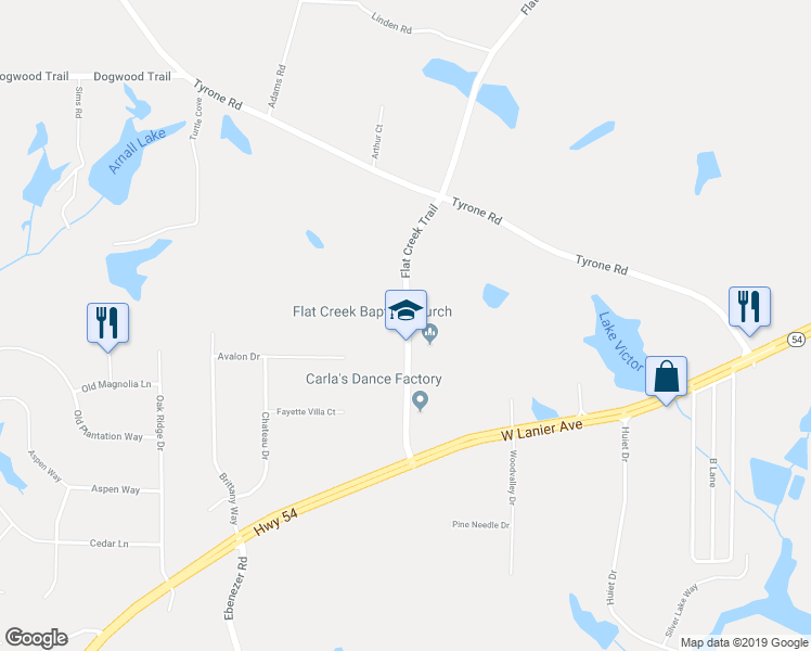 map of restaurants, bars, coffee shops, grocery stores, and more near 164 Flat Creek Trail in Fayetteville