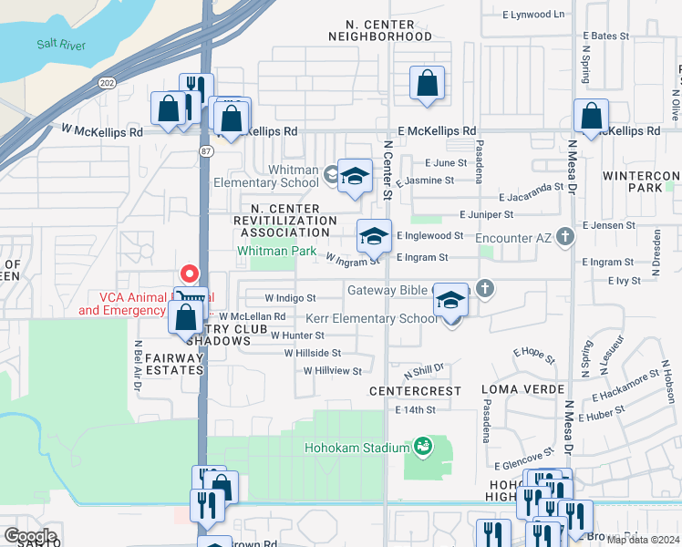 map of restaurants, bars, coffee shops, grocery stores, and more near 102 West Ivyglen Street in Mesa