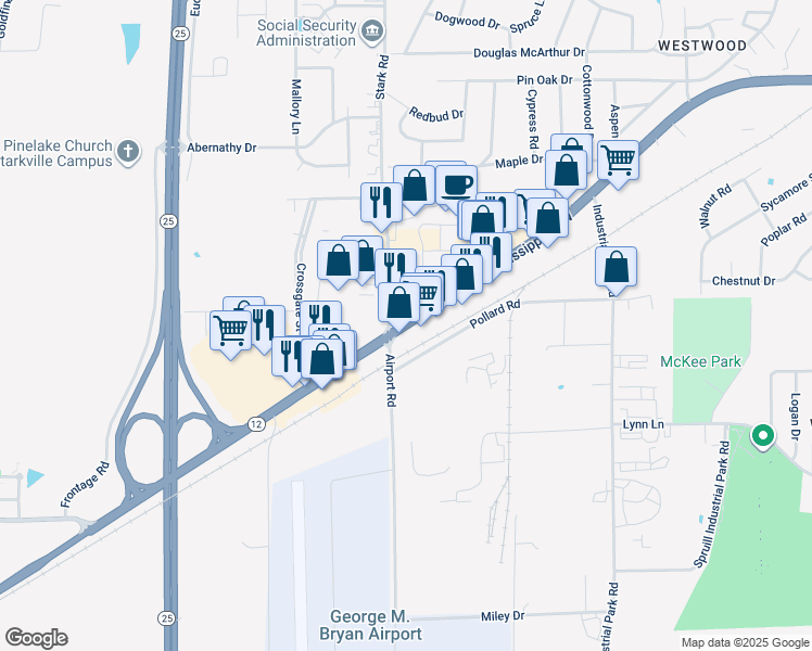 map of restaurants, bars, coffee shops, grocery stores, and more near 864 Mississippi 12 in Starkville