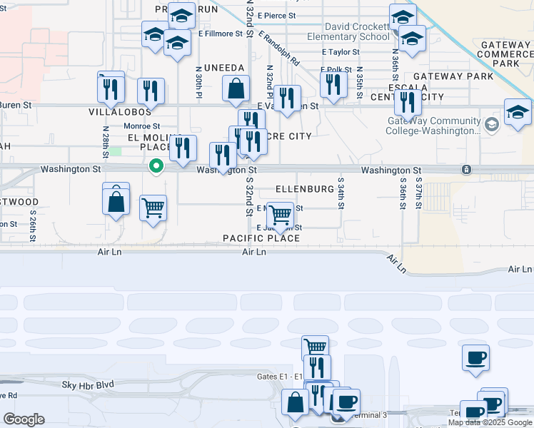 map of restaurants, bars, coffee shops, grocery stores, and more near 215 South 32nd Street in Phoenix