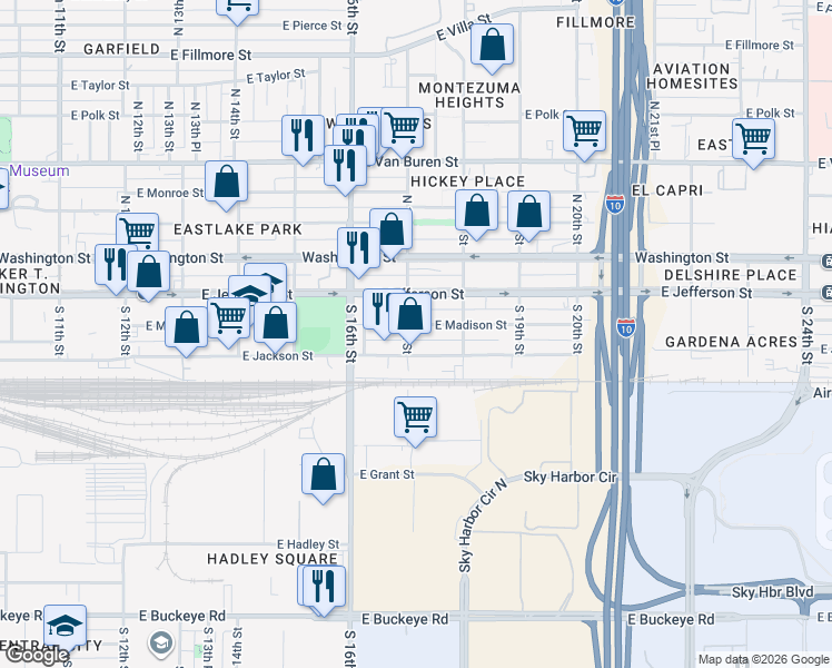 map of restaurants, bars, coffee shops, grocery stores, and more near 1702 East Jackson Street in Phoenix