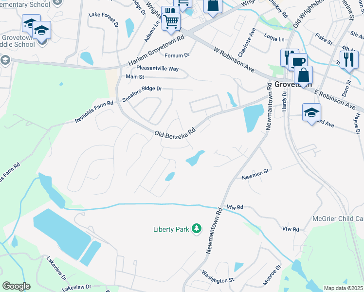 map of restaurants, bars, coffee shops, grocery stores, and more near 215 Old Berzelia Road in Grovetown
