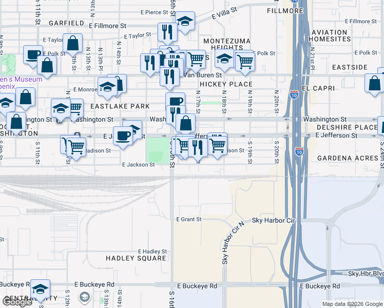 map of restaurants, bars, coffee shops, grocery stores, and more near 1702 East Jackson Street in Phoenix