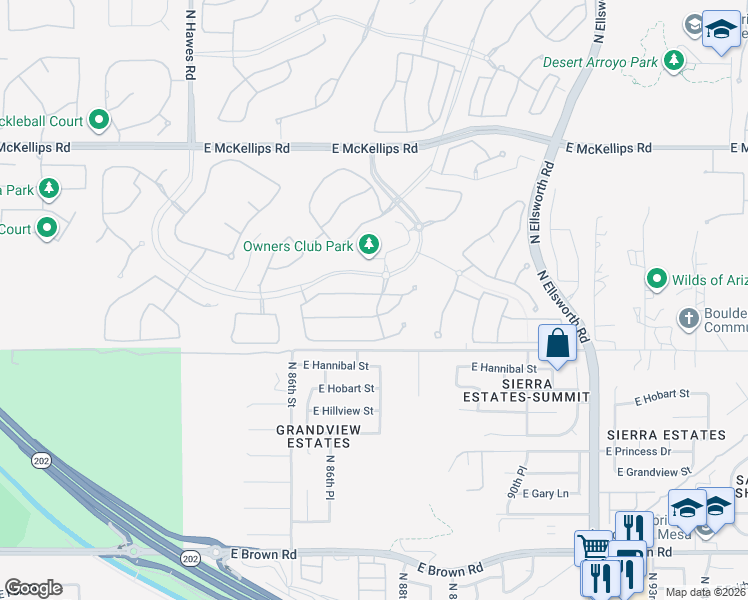 map of restaurants, bars, coffee shops, grocery stores, and more near 8730 East Indigo Street in Mesa