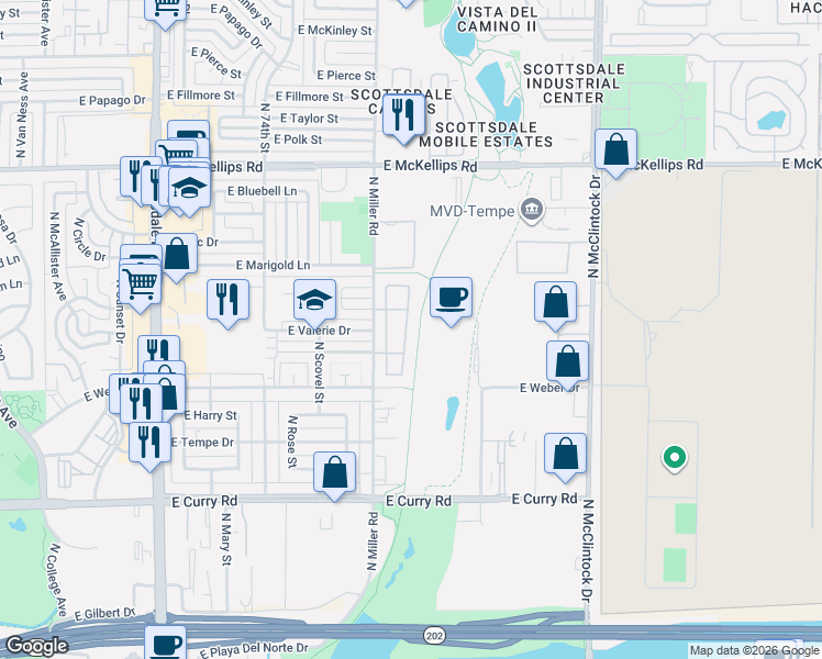 map of restaurants, bars, coffee shops, grocery stores, and more near 1427 North Oak Street in Tempe