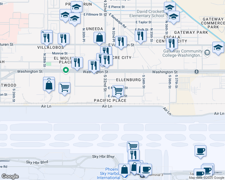 map of restaurants, bars, coffee shops, grocery stores, and more near 215 South 32nd Street in Phoenix