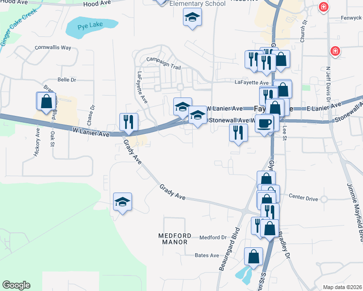 map of restaurants, bars, coffee shops, grocery stores, and more near 500 West Lanier Avenue in Fayetteville