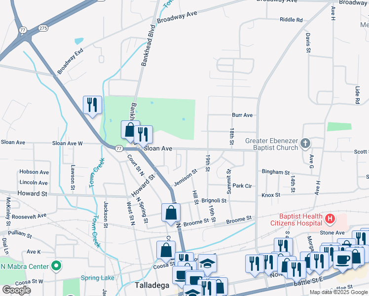 map of restaurants, bars, coffee shops, grocery stores, and more near 175 Sloan Avenue in Talladega