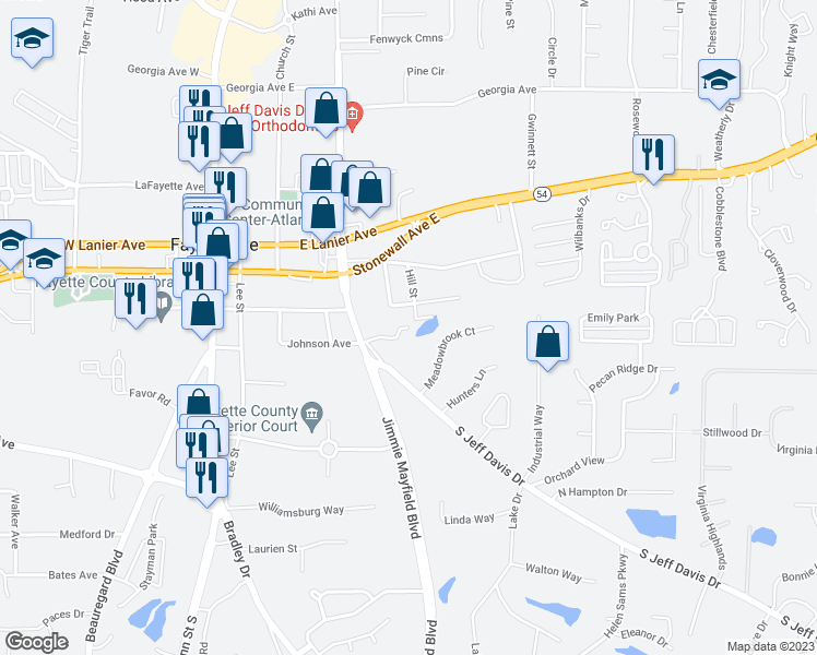 map of restaurants, bars, coffee shops, grocery stores, and more near 503 Hightower Drive in Fayetteville