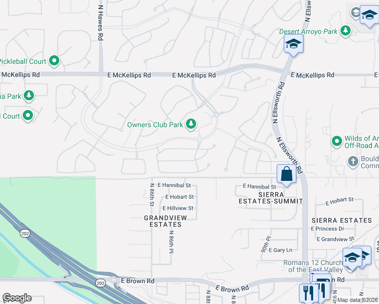 map of restaurants, bars, coffee shops, grocery stores, and more near 8730 East Indigo Street in Mesa