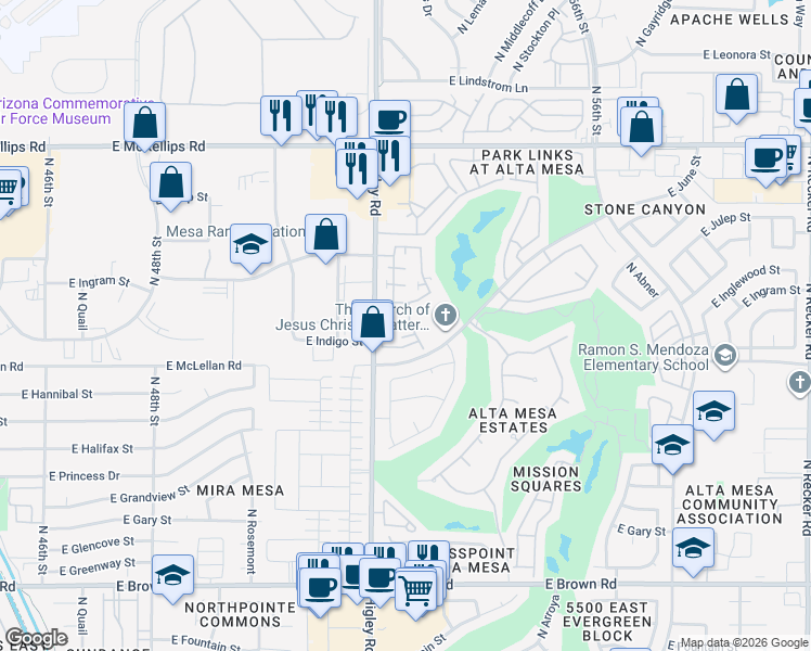 map of restaurants, bars, coffee shops, grocery stores, and more near 1623 North Serina in Mesa