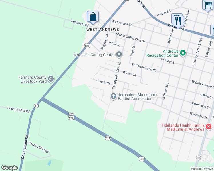 map of restaurants, bars, coffee shops, grocery stores, and more near 508 County Road S-22-129 in Andrews
