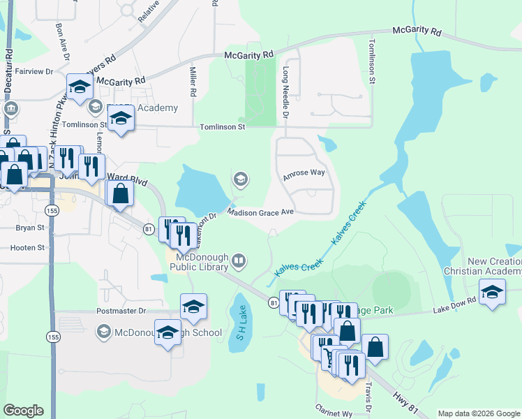 map of restaurants, bars, coffee shops, grocery stores, and more near 132 Madison Grace Avenue in McDonough