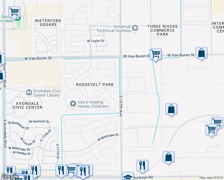 map of restaurants, bars, coffee shops, grocery stores, and more near 10722 West Jefferson Street in Avondale