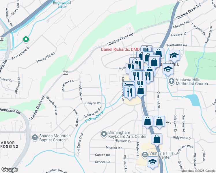 map of restaurants, bars, coffee shops, grocery stores, and more near 1857 Catala Road in Vestavia Hills