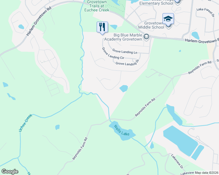 map of restaurants, bars, coffee shops, grocery stores, and more near 2152 Grove Landing Way in Grovetown
