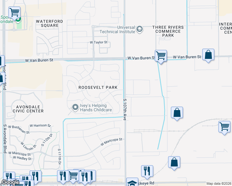 map of restaurants, bars, coffee shops, grocery stores, and more near 108 South 107th Drive in Avondale