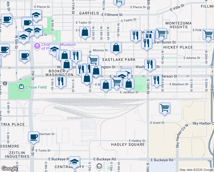 map of restaurants, bars, coffee shops, grocery stores, and more near 1242 East Jackson Street in Phoenix