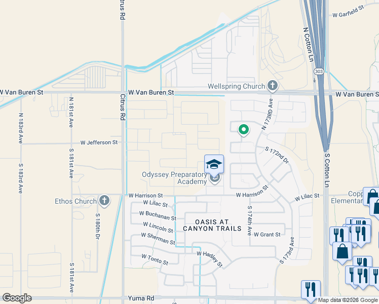 map of restaurants, bars, coffee shops, grocery stores, and more near 17532 West Harrison Street in Goodyear