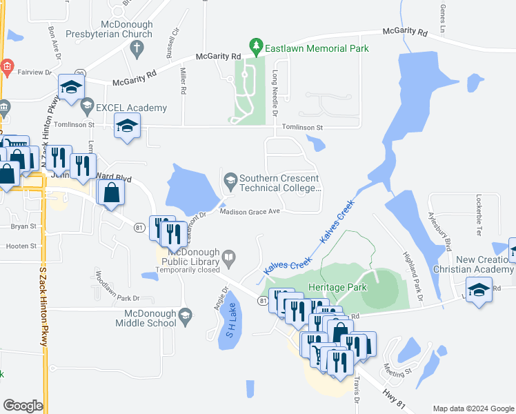 map of restaurants, bars, coffee shops, grocery stores, and more near 145 Madison Grace Avenue in McDonough