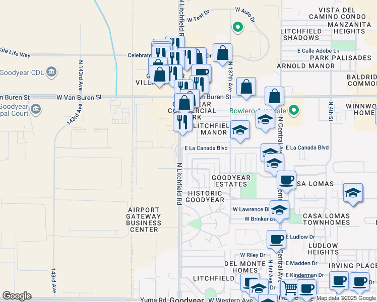map of restaurants, bars, coffee shops, grocery stores, and more near 1018 North Las Palmas Drive in Goodyear