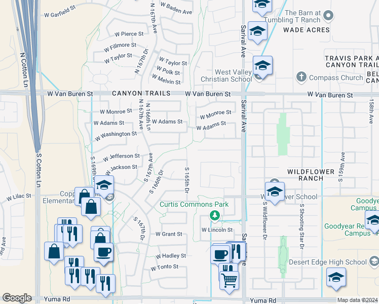 map of restaurants, bars, coffee shops, grocery stores, and more near 99 South 165th Drive in Goodyear