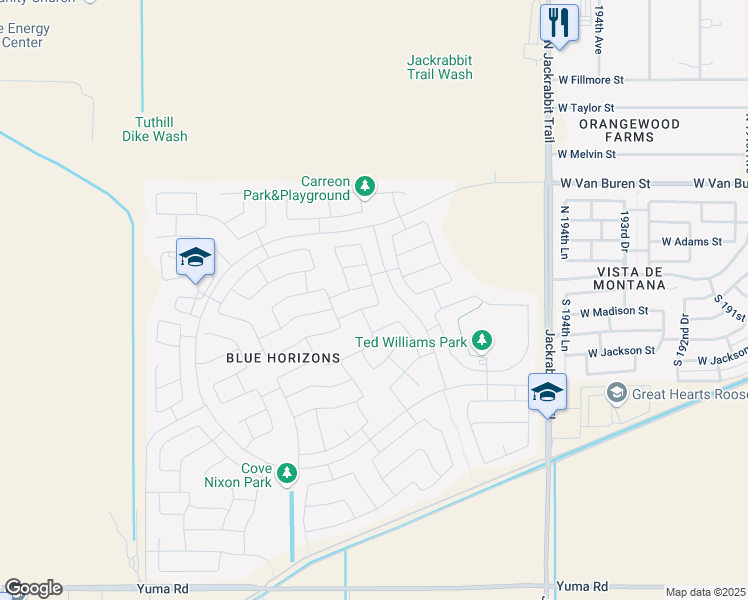 map of restaurants, bars, coffee shops, grocery stores, and more near 165 South Blue Horizons Court in Buckeye
