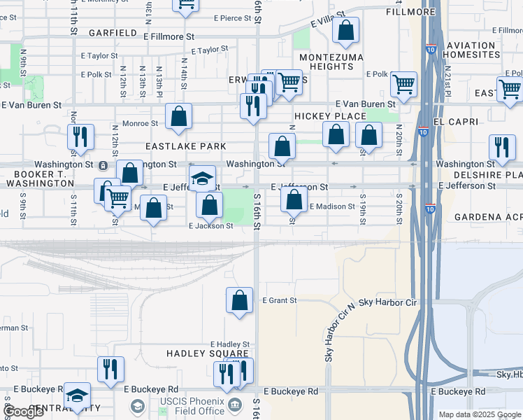 map of restaurants, bars, coffee shops, grocery stores, and more near 1614 East Jackson Street in Phoenix