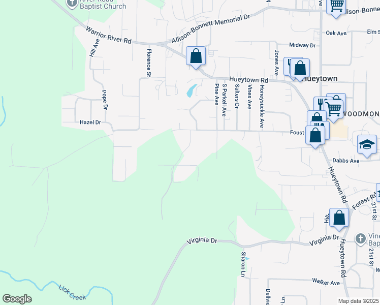 map of restaurants, bars, coffee shops, grocery stores, and more near 183 Foust Avenue in Bessemer