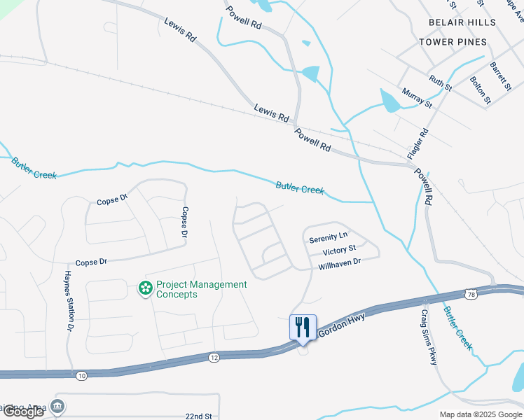 map of restaurants, bars, coffee shops, grocery stores, and more near 3201 Waverly Lane in Grovetown