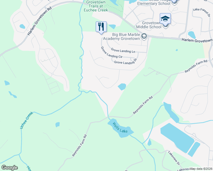 map of restaurants, bars, coffee shops, grocery stores, and more near 2152 Grove Landing Way in Grovetown