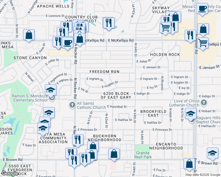map of restaurants, bars, coffee shops, grocery stores, and more near 1626 North Pinnule in Mesa