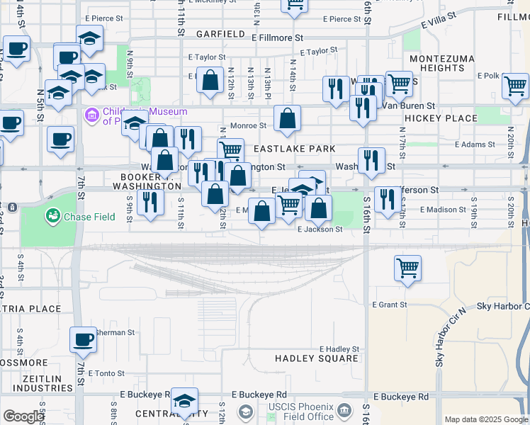 map of restaurants, bars, coffee shops, grocery stores, and more near 1242 East Jackson Street in Phoenix