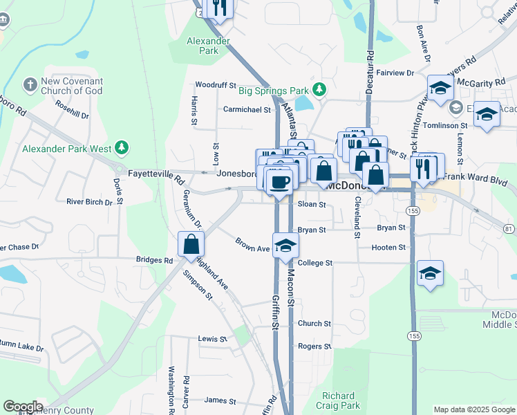 map of restaurants, bars, coffee shops, grocery stores, and more near 32 Sloan Street in McDonough