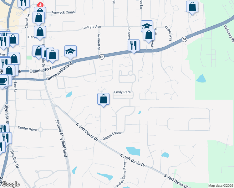 map of restaurants, bars, coffee shops, grocery stores, and more near 360 Emily Park in Fayetteville