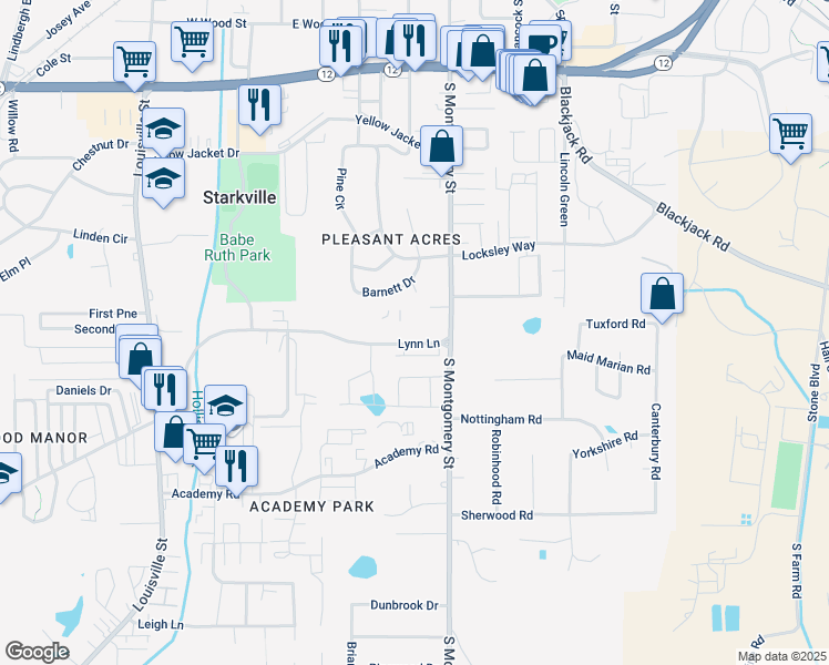 map of restaurants, bars, coffee shops, grocery stores, and more near 105 Maison de Ville in Starkville