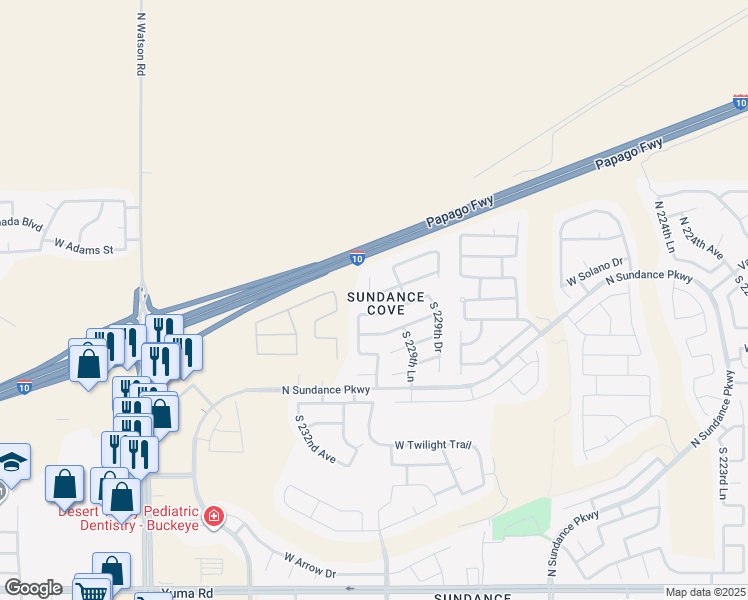 map of restaurants, bars, coffee shops, grocery stores, and more near 23048 West Gardenia Drive in Buckeye