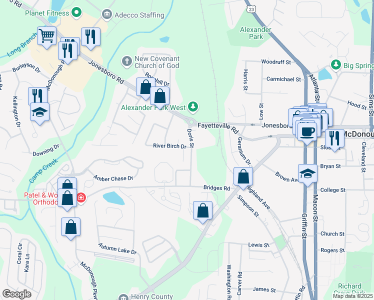 map of restaurants, bars, coffee shops, grocery stores, and more near 501 Jarrett Court in McDonough